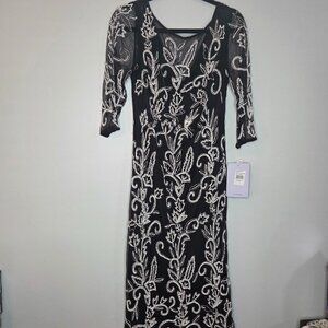 JS Collections Beaded Black & White Midi Cocktail Dress w/3/4 Sleeves, Sz 8, NWT